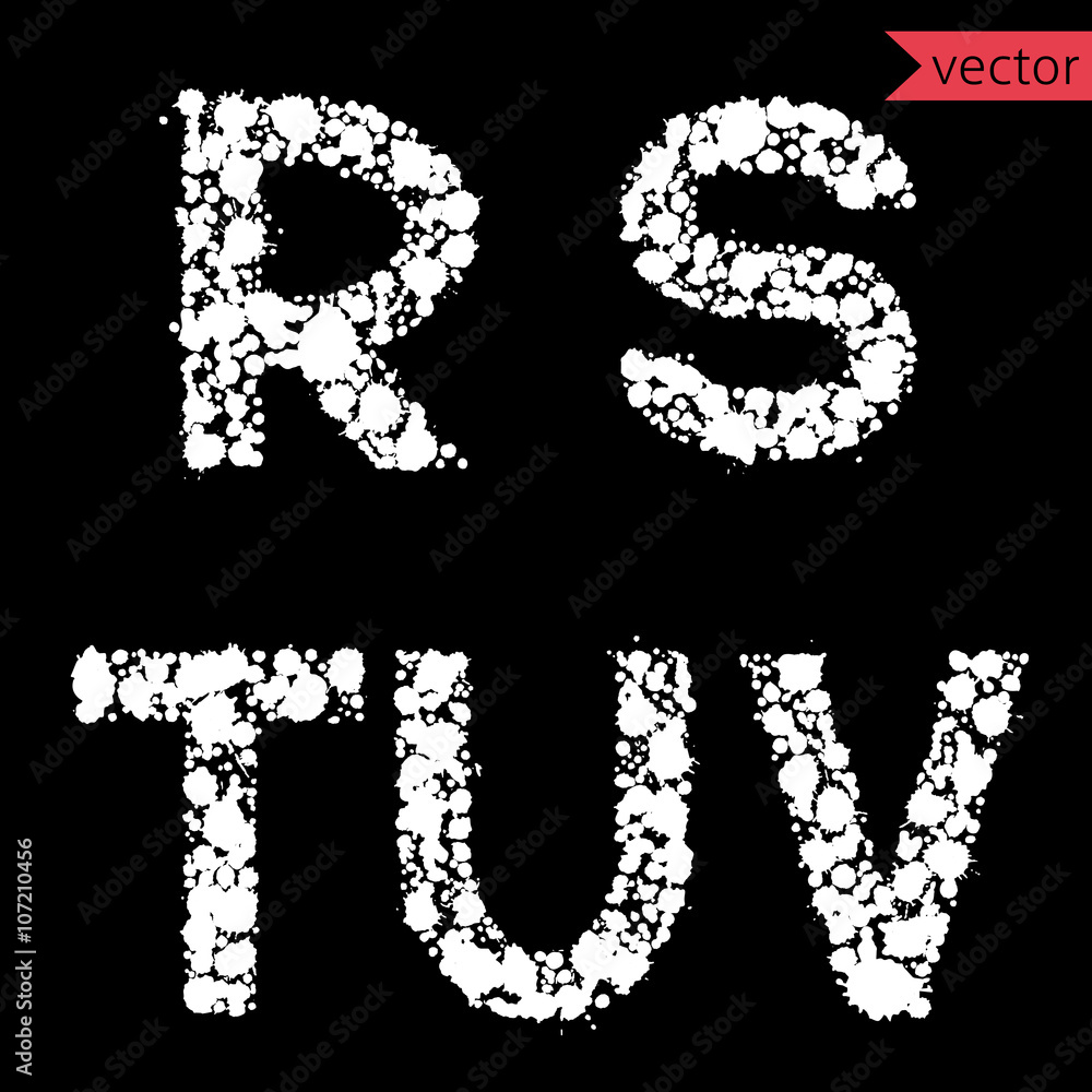 decorative letters R, S, T, U, V, made from  drops and blots
