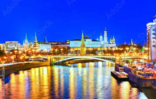 The Kremlin along the Moscow River in Moscow at night