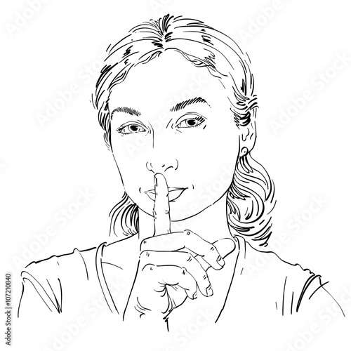 Vector art drawing, portrait of peaceful girl making a hush sign