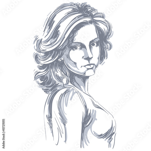Hand-drawn vector illustration of beautiful confident woman. Mon