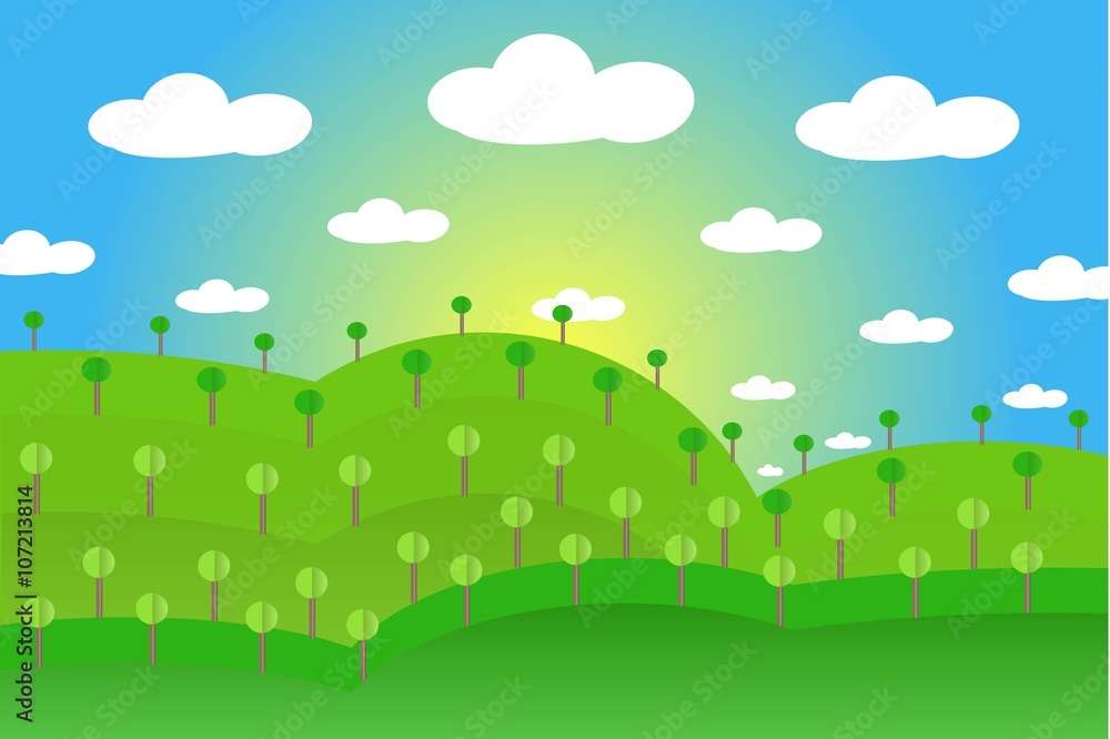 Landscape with green hills, gardens, forests, blue sky, white clouds, yellow sun, flat design, vector Landscape with green hills, gardens, forests, blue sky, white clouds, yellow sun, flat design, vector