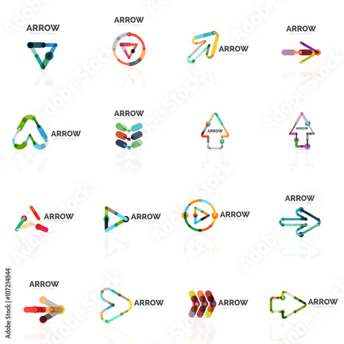 Set of linear arrow abstract logos, connected multicolored segments lines in directional pointer figures