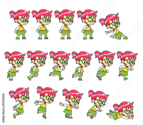 Nerdy Girl game sprites for side scrolling action adventure endless runner 2D mobile game.