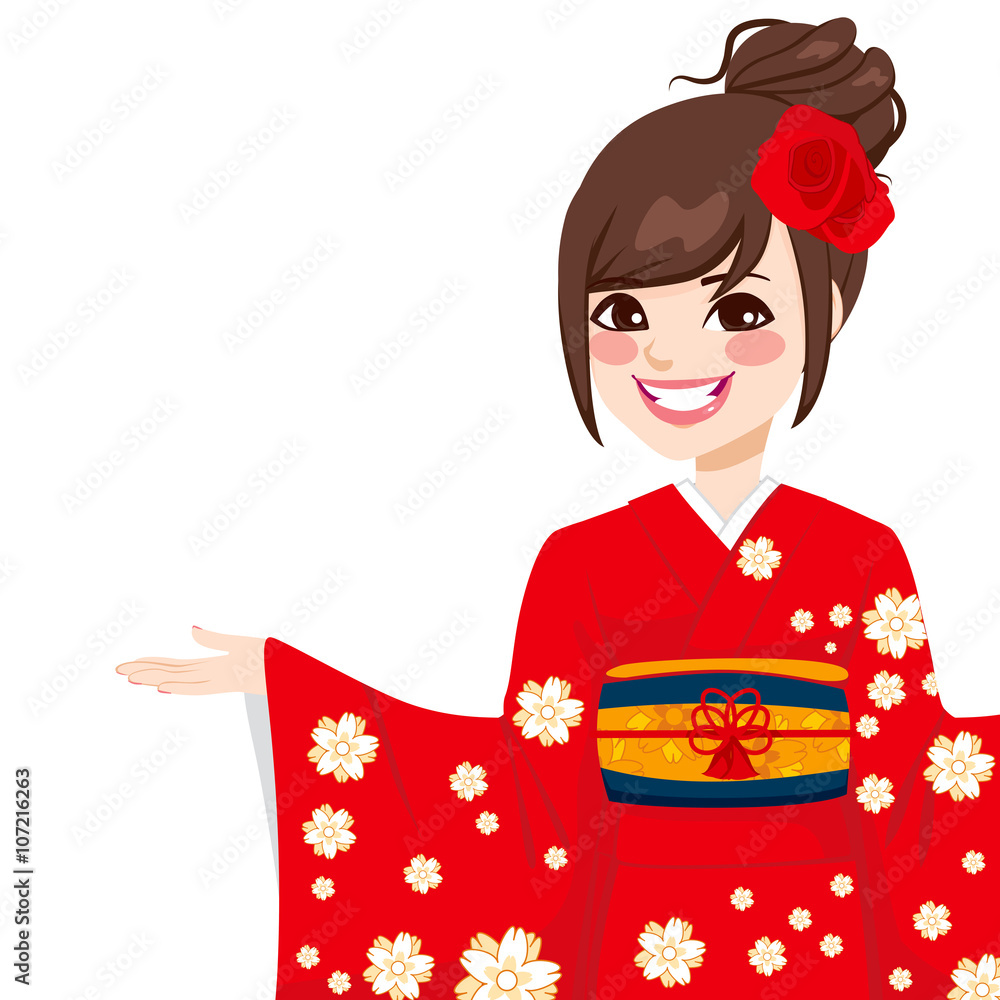 Beautiful Asian Japanese woman with red kimono holding palm up smiling Beautiful Asian Japanese woman with red kimono holding palm up smiling