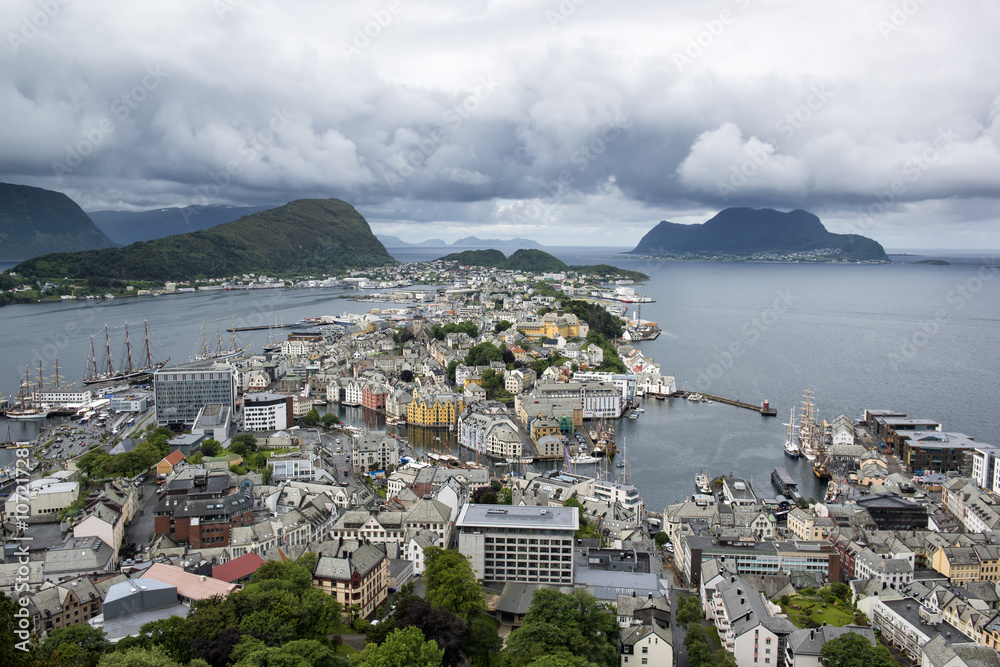 View from the mountain Aksla to the Alesund city, Norway