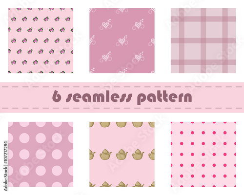 Seamless pattern flowers background. Seamless pattern background with pink circles. Seamless background pattern teapot. Seamless pattern hearts background.