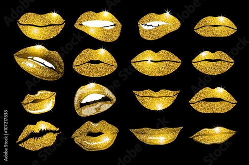 Set of 16 glamour lips, with gold lipstick colors. Vector illustration. element.