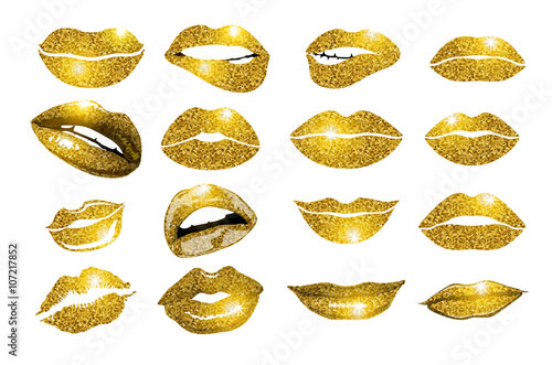 Set of 16 glamour lips, with gold lipstick colors. Vector illustration. element.