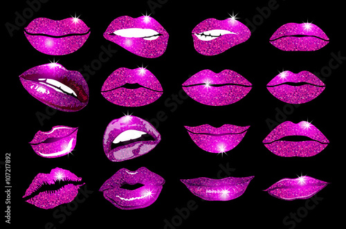 Set of 16 glamour lips, with pink lipstick colors. Vector illustration. element.