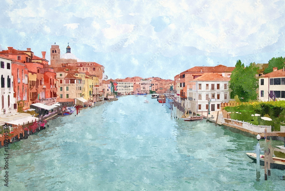 Abstract watercolor digital generated painting of the main water canal in Venice.