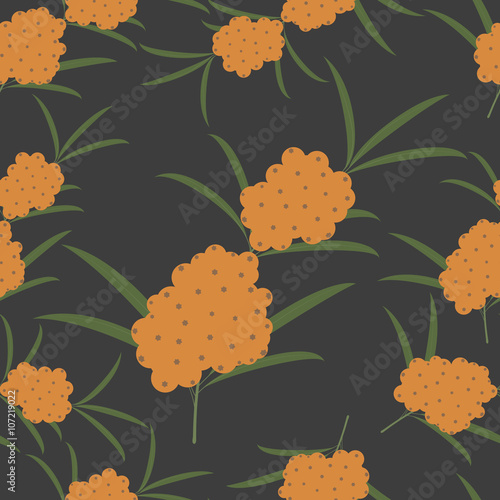 Seamless pattern of sea buckthorn on dark area.