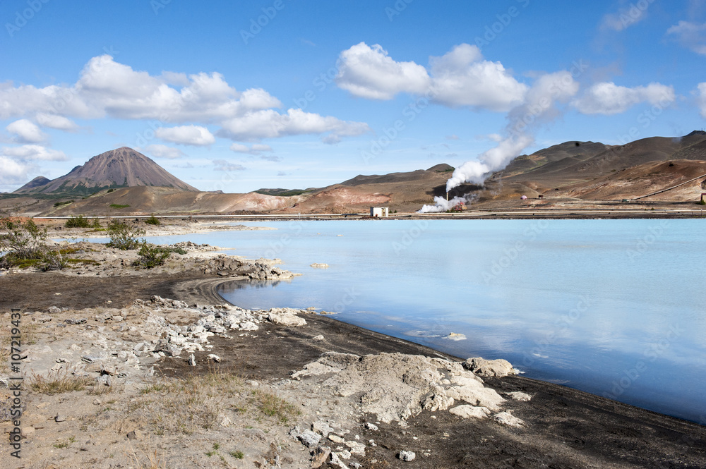 Geothermal power station and blue hot water lagoon, Northern Iceland