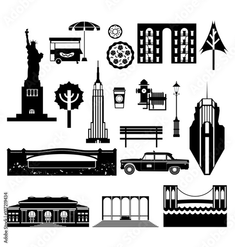 New York City street icon set. A set of New York symbols and landmarks in silhouettes. Vector Illustration. EPS 10.