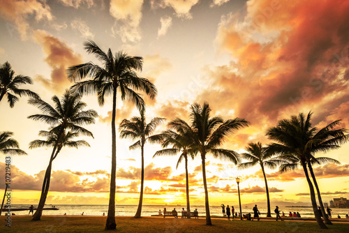 Picturesque sunset along Waikiki Beach in Honolulu  Hawaii
