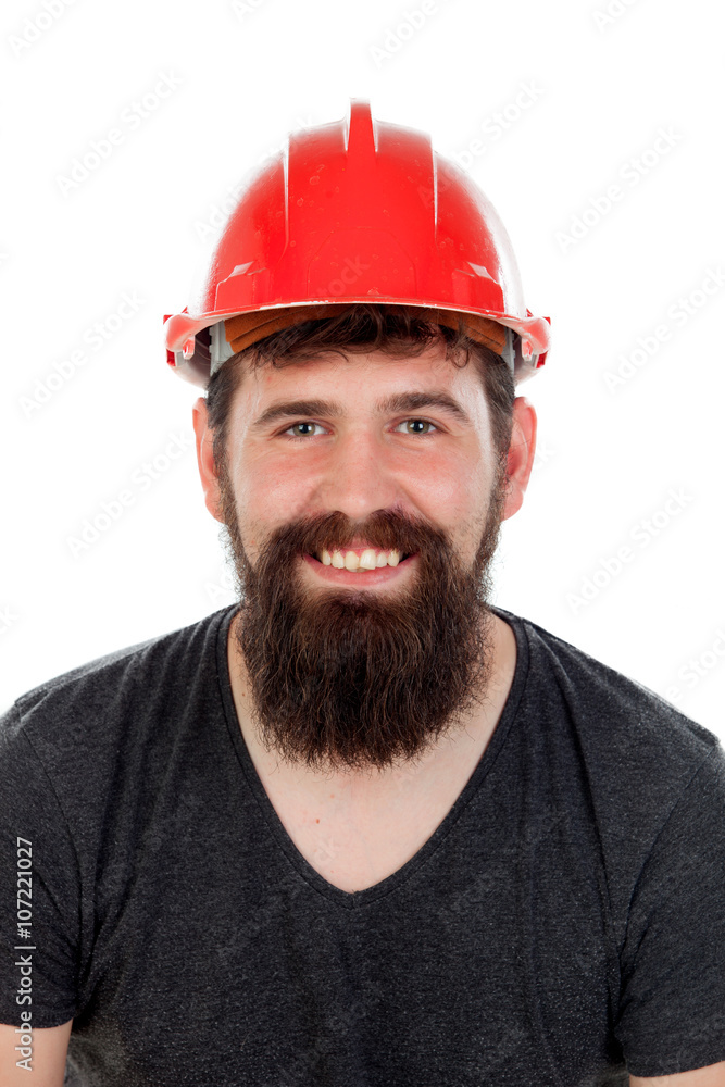 Young men with hipster look and red helmet Young men with hipster look and red helmet