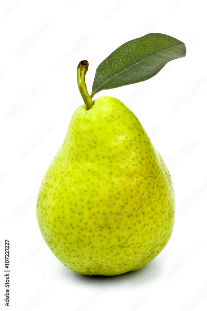 tasty ripe green pear with leaf isolated on white