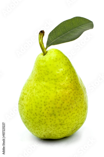 tasty ripe green pear with leaf isolated on white