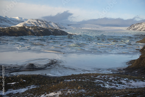 Winter landscape with frozen glacial ice lagoon, Vatnajokull Region, Iceland