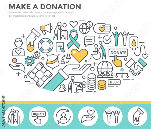 Donation and volunteer work concept illustration, thin line flat design