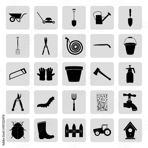 Gardening and farming black simple vector icons set