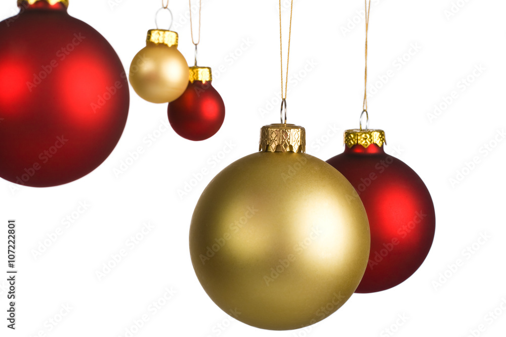 colorful christmas ornaments hanging isolated on white