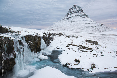 Beautiful Kirkjufell mountain with water falls at winter, Iceland