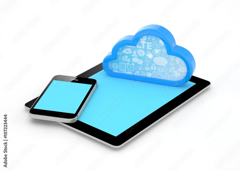 tablet pc, smart phone and cloud. 3d rendering. tablet pc, smart phone and cloud. 3d rendering.
