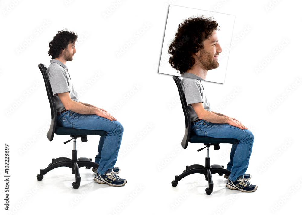 big head man composition set isolated on white sit on chair ภาพถ่าย