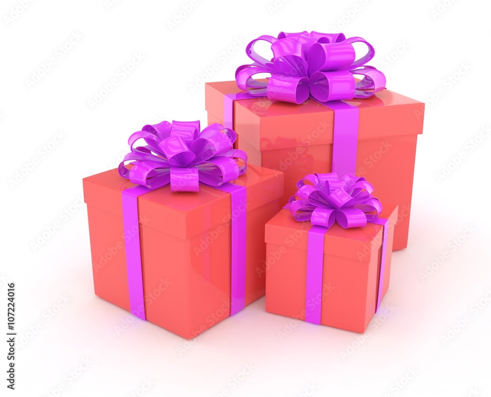 three gift boxes with bows isolated on white. 3d rendering. three gift boxes with bows isolated on white. 3d rendering.