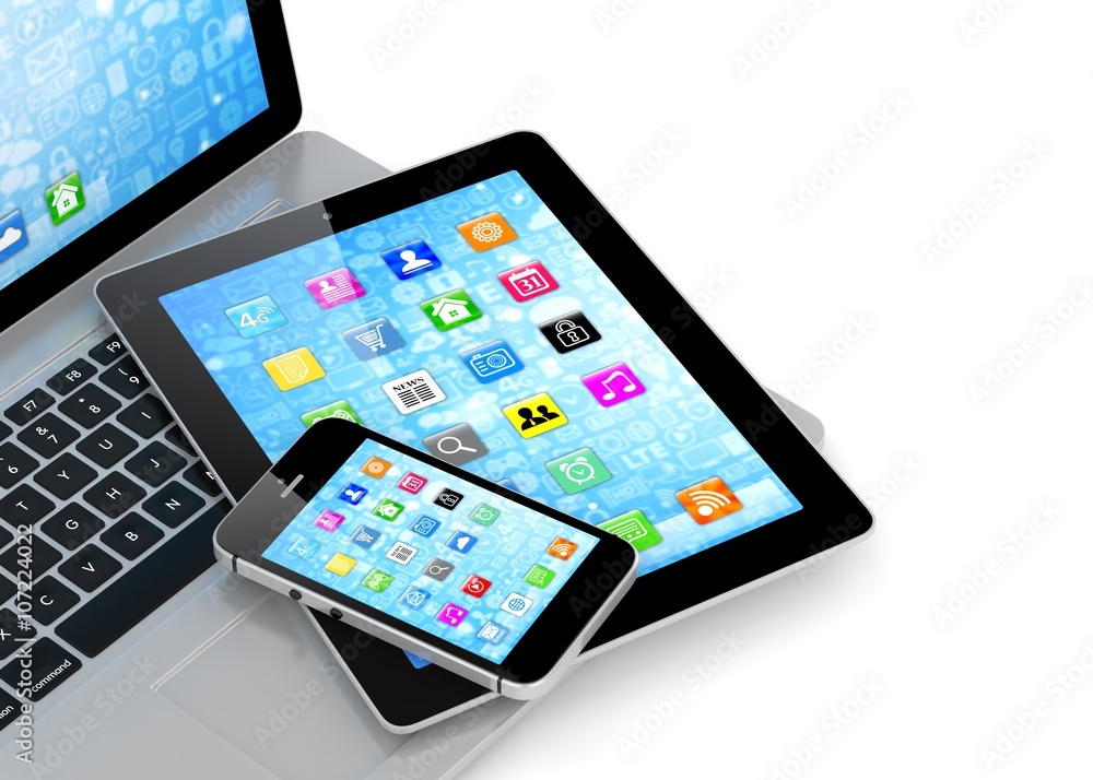 Laptop, phone and tablet pc. 3d rendering.