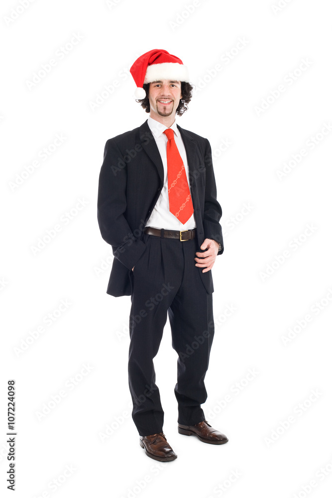 young businessman with santa hat isolated on white