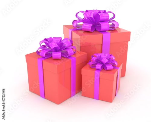 three gift boxes with bows isolated on white. 3d rendering. © Natalia Merzlyakova