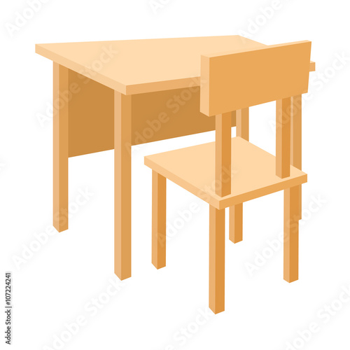 Wooden school desk and chair icon, cartoon style