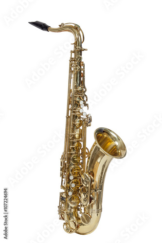 classic brass musical instrument tenor saxophone isolated on white background photo