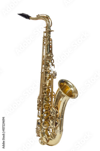 Fotografie classic brass musical instrument tenor saxophone isolated on white background