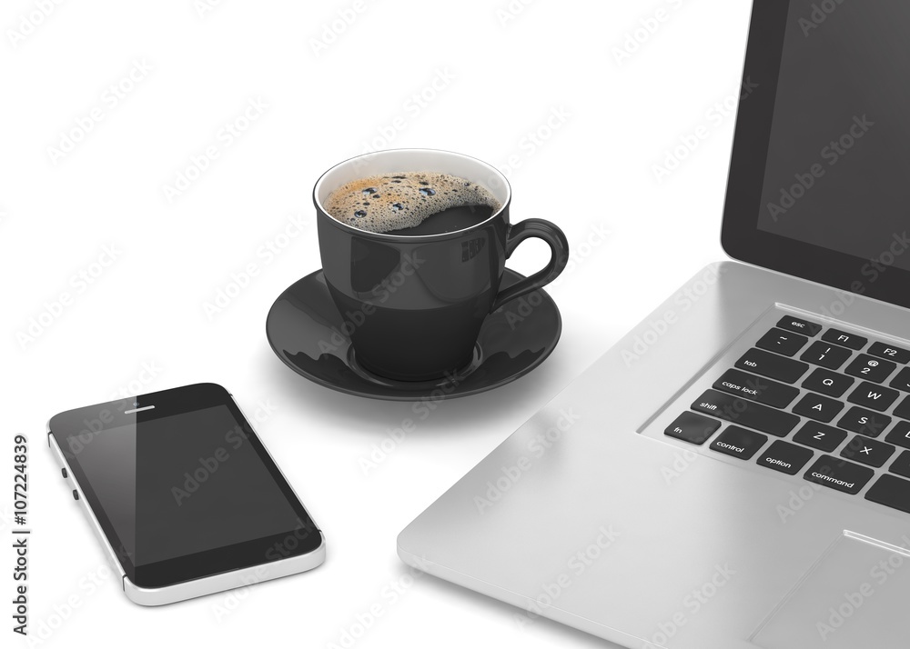 Laptop smartphone and coffee cup on white. 3d rendering. Laptop smartphone and coffee cup on white. 3d rendering.