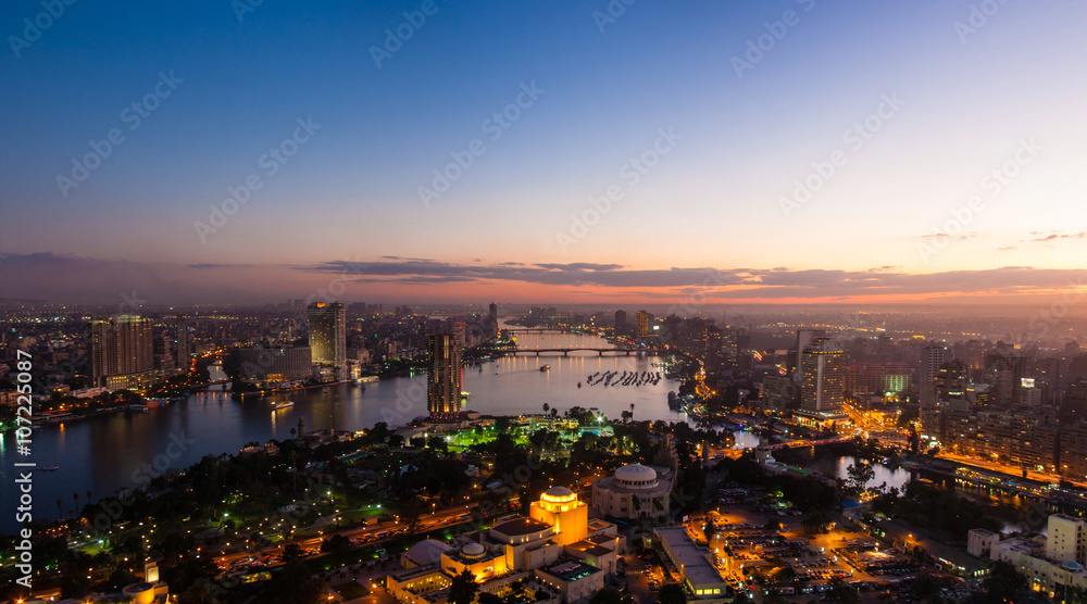 Naklejka premium Panorama of night Cairo from the top of the Cairo TV tower at sunset