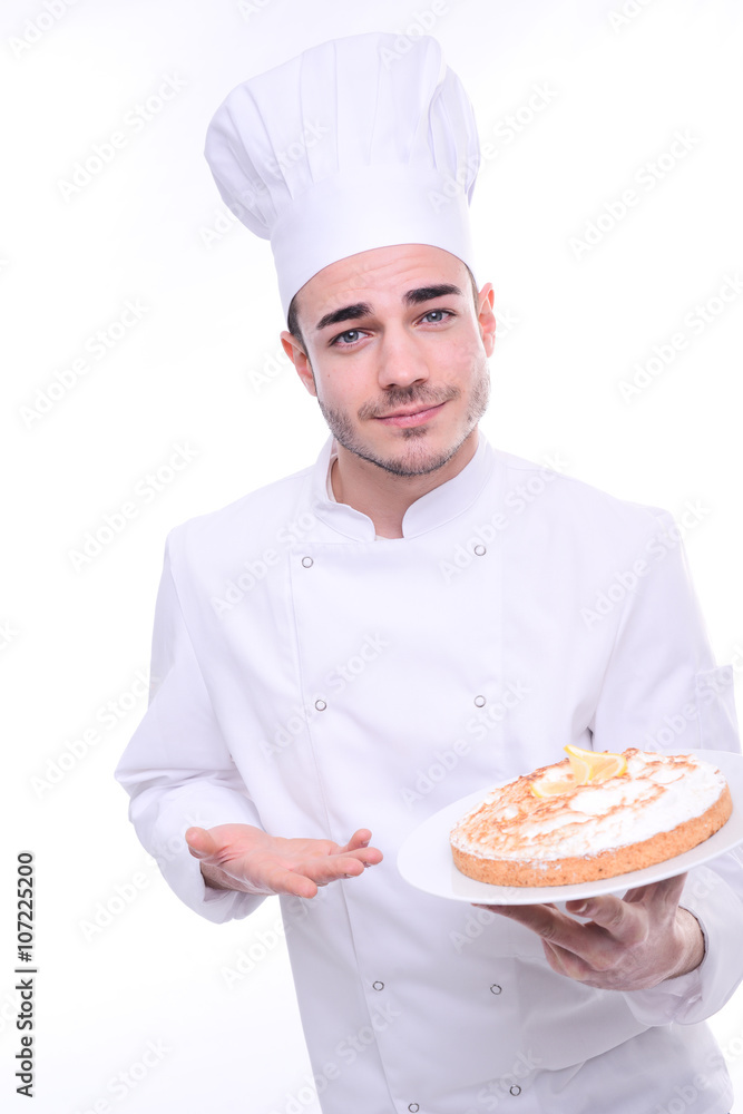 young cook pastry chef isolated on white background holding proudly cheesecake pie young cook pastry chef isolated on white background holding proudly cheesecake pie