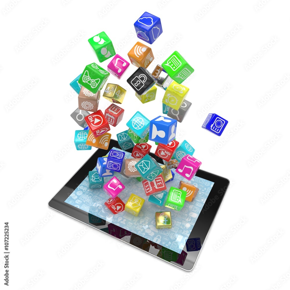 icon app fall in tablet pc. 3d rendering.