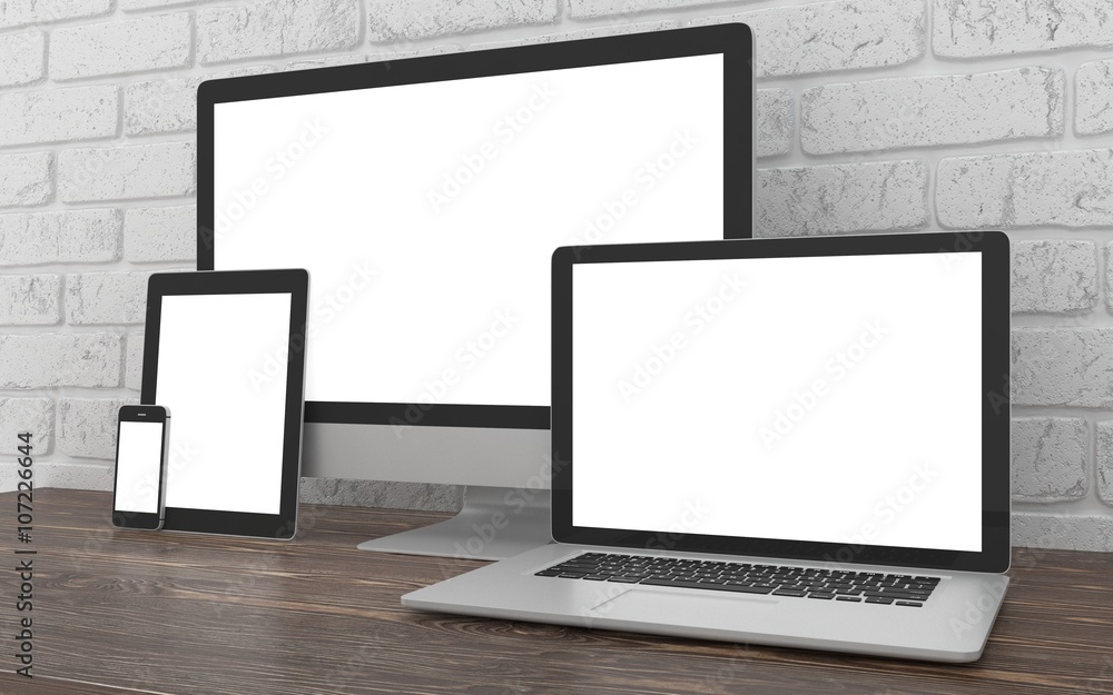 Responsive mockup screen. Monitor, laptop, tablet, phone on table in office. 3d rendering. Responsive mockup screen. Monitor, laptop, tablet, phone on table in office. 3d rendering.