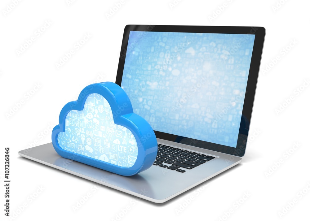 Laptop with cloud computing symbol on keyboard. 3d render Laptop with cloud computing symbol on keyboard. 3d render