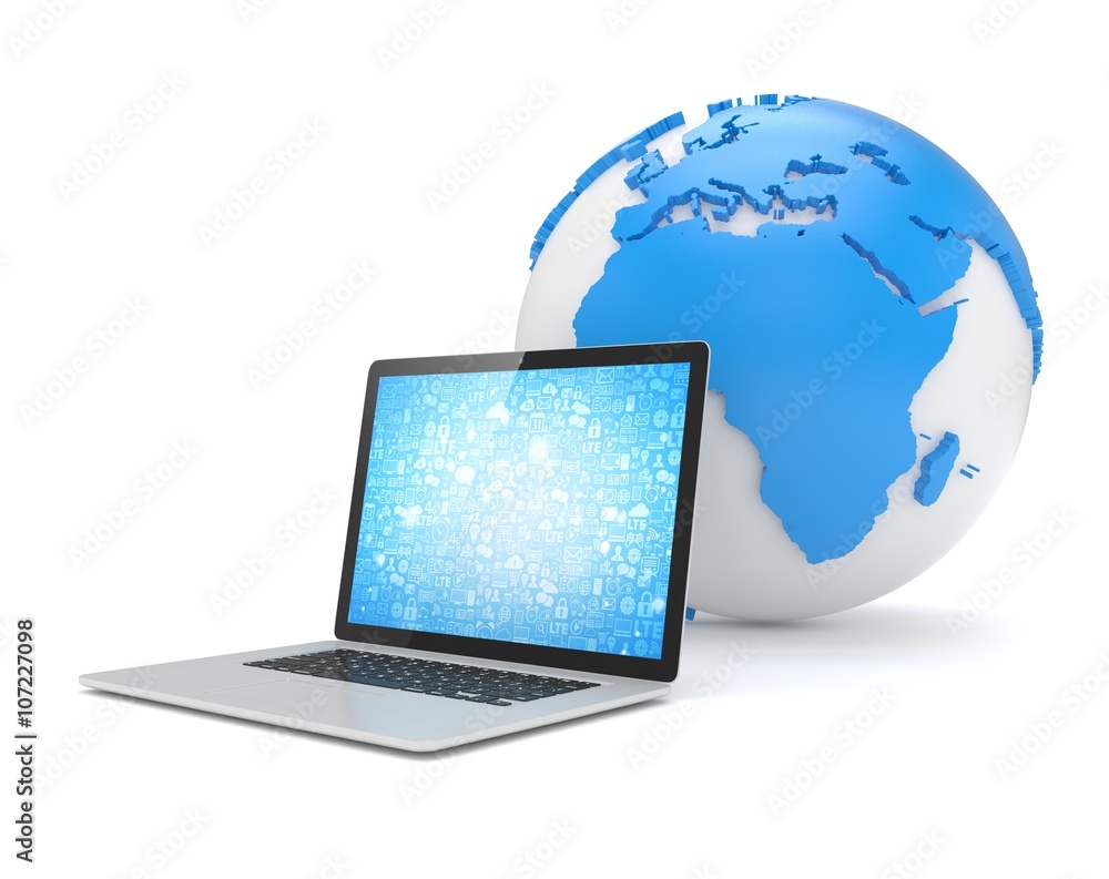 Laptop network and earth globe. 3d render Laptop network and earth globe. 3d render