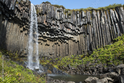 Black basalt columns and magnificent waterfall Svartifoss, Skaftafell National park, Iceland.