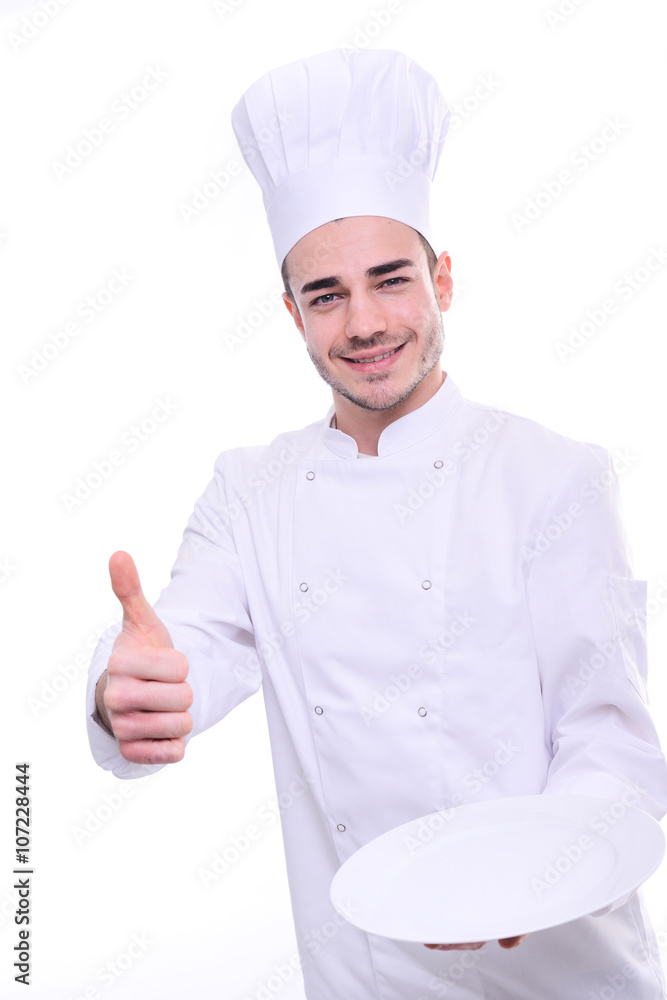 young cook chef isolated on white background holding proudly empty plate young cook chef isolated on white background holding proudly empty plate