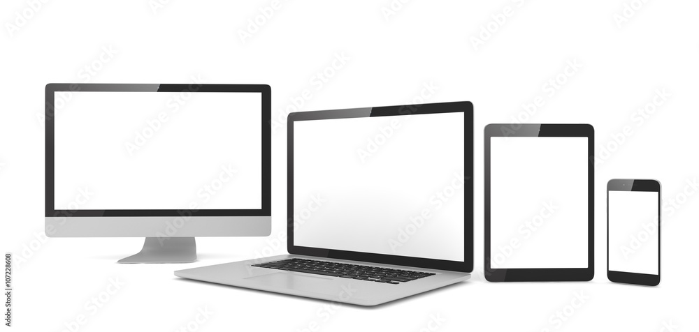 Responsive web design, laptop, smartphone, tablet, computer, display. 3d rendering. Responsive web design, laptop, smartphone, tablet, computer, display. 3d rendering.