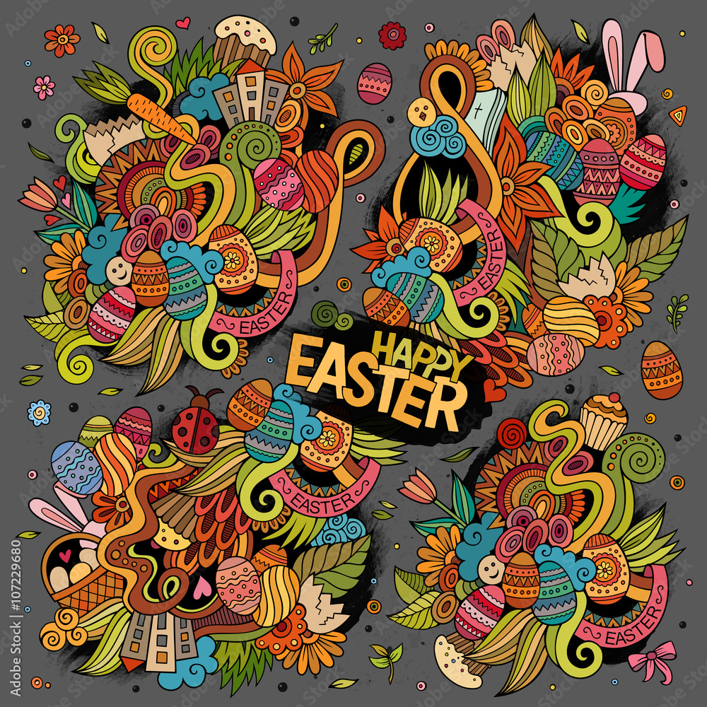 Colorful doodles cartoon set of Easter objects