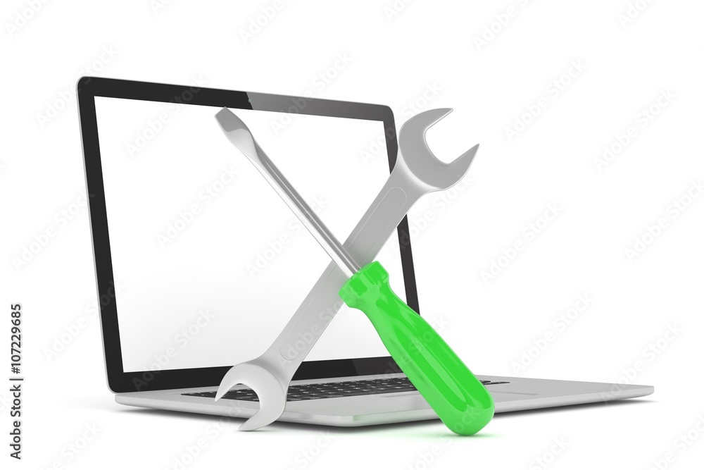 3D Illustration Wrench and screwdriver on laptop, service concept 3D Illustration Wrench and screwdriver on laptop, service concept