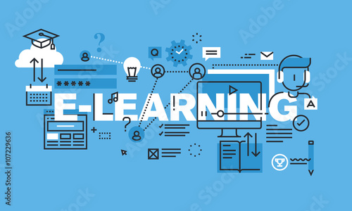 Modern thin line design concept for E-LEARNING website banner. Vector illustration concept for online education and learning.