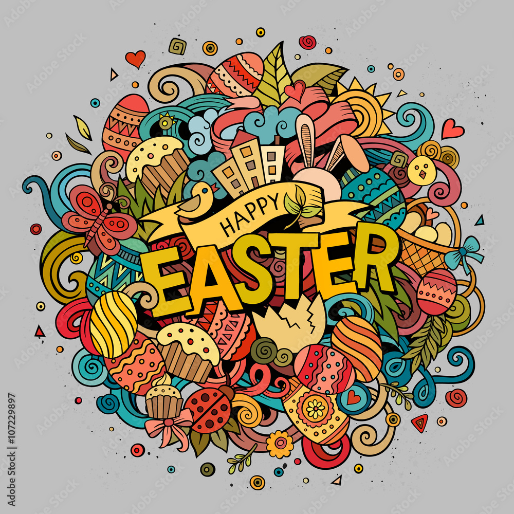 Cartoon vector hand drawn Doodle Happy Easter illustration