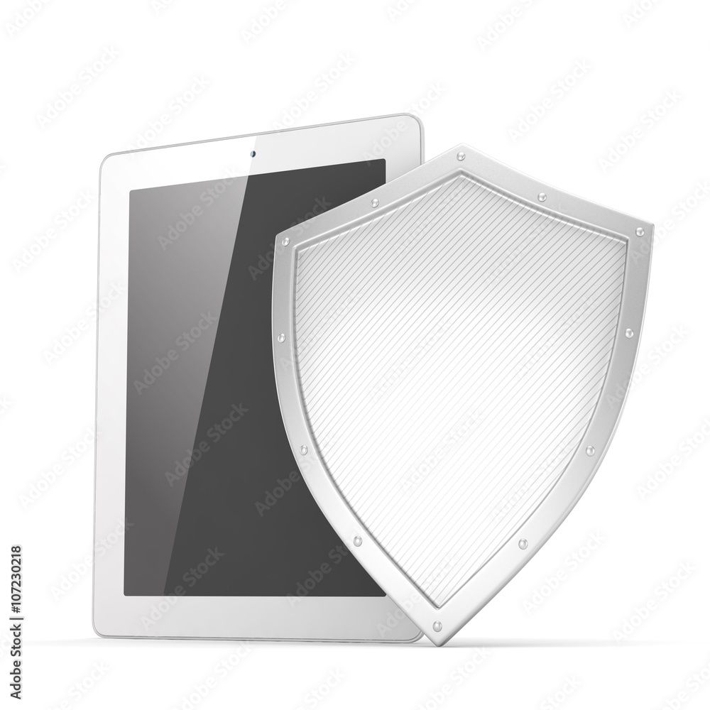 Tablet PC and shield on white device security concept. 3d rendering. Tablet PC and shield on white device security concept. 3d rendering.